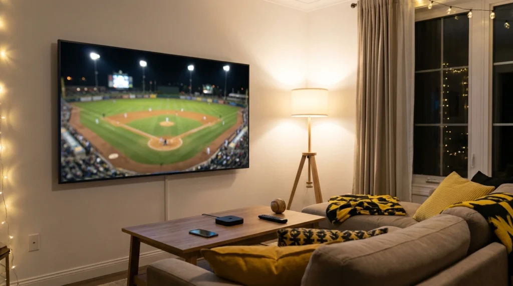 ソフトバンクホークスの試合中継を壁掛けテレビで観戦中