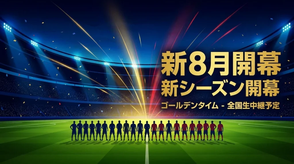 8月開幕の新シーズンを象徴するサッカースタジアムとキックオフのイメージ