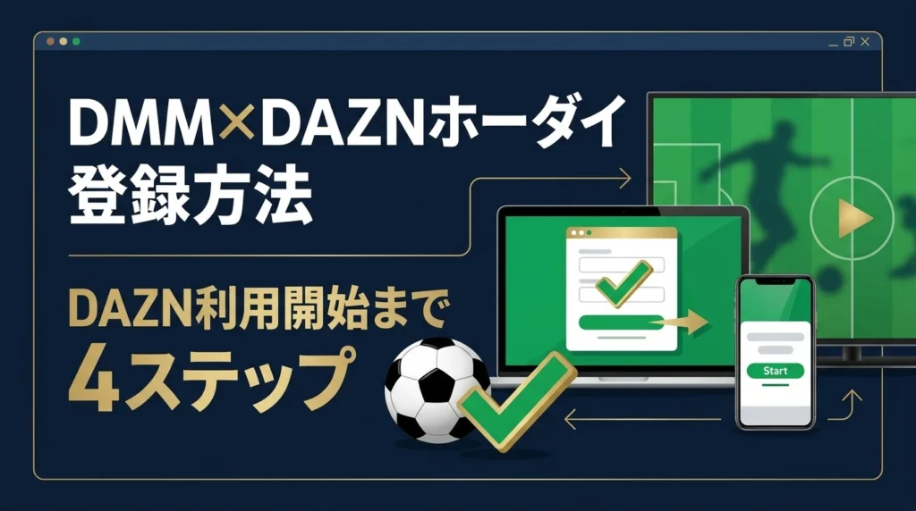DMM×DAZNホーダイの登録からDAZN利用開始までの4ステップを示すイメージ