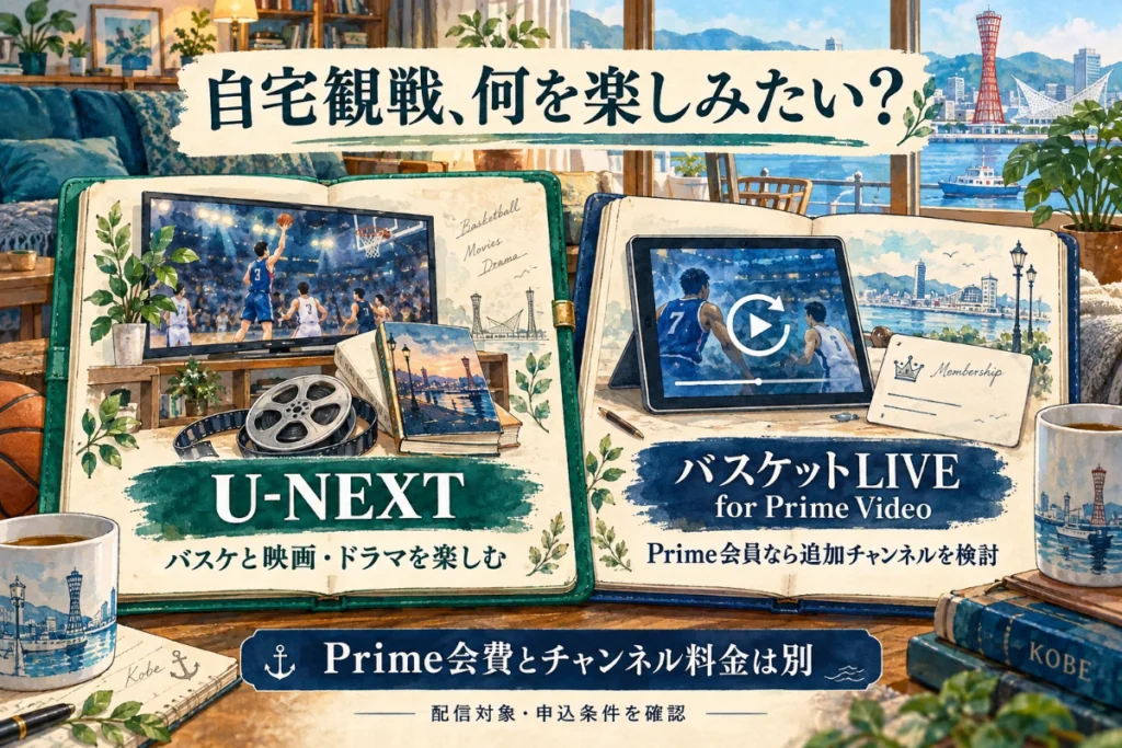 U-NEXTでバスケと映画を楽しむ方法と、Prime会員が有料バスケチャンネルを追加する方法を比較した図