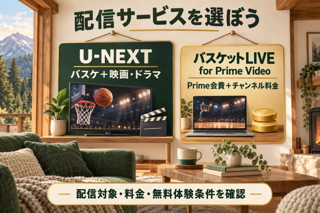 木の室内に掲示した、バスケと映画も楽しめるU-NEXTとPrime会費に追加契約が必要なバスケットLIVE for Prime Videoの比較イラスト
