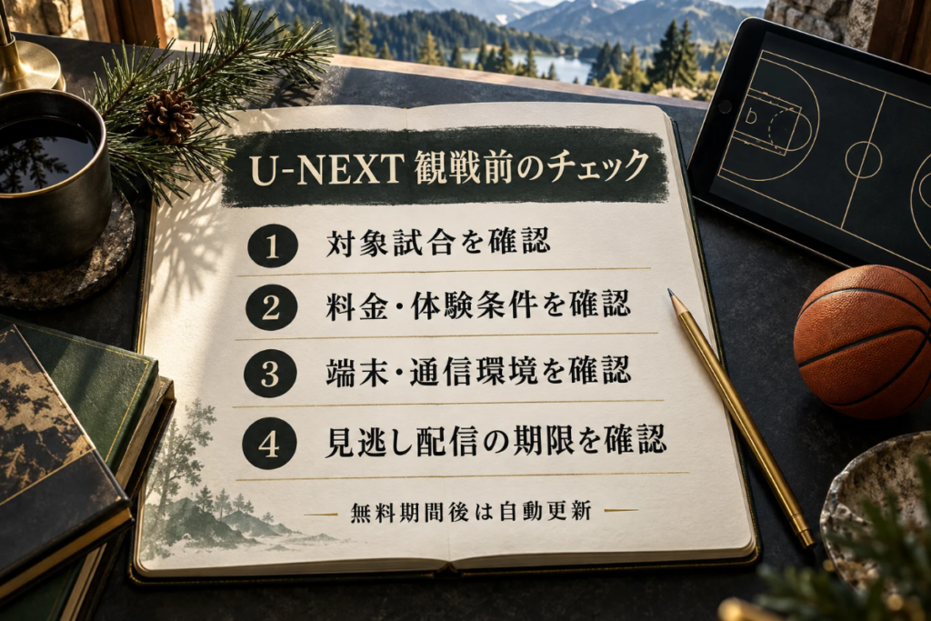 山あいのデスクのノートに、対象試合、料金・体験条件、端末・通信、見逃し期限のチェック項目を描いたイラスト