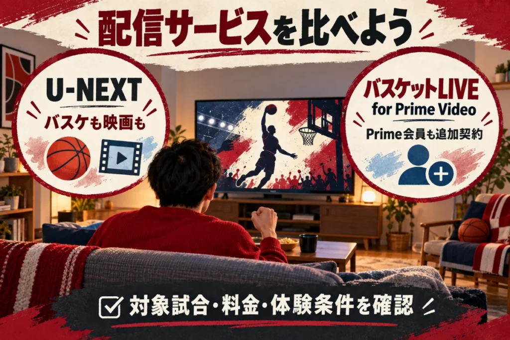 バスケも映画も楽しむU-NEXTと、Prime会員も追加契約が必要なバスケットLIVE for Prime Videoの比較