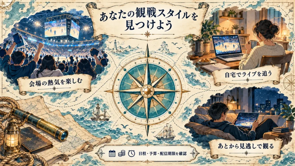 会場・自宅のライブ配信・見逃し配信を選ぶ港町の観戦スタイル案内
