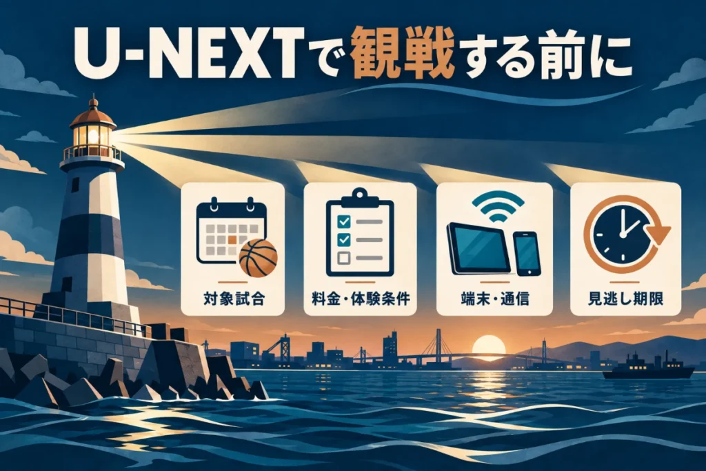灯台の光に沿って対象試合、料金・体験条件、端末・通信、見逃し期限を確認するU-NEXT観戦準備